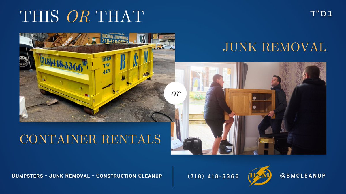 BMCleanup's tweet photo. Our container rentals are convenient and great for DIY projects, while our junk removal services are best for heavy and large items that you can't move yourself. Let us know which service is best for you! 

#bmcleanup #wasteremoval #newyorkcity https://t.co/oIwPOSVE2q
