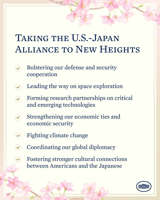 The White House tweets, 'The U.S.-Japan Alliance is stronger than ever. With today’s Official Visit and State Dinner, President Biden and Prime Minister Kishida will build on this momentum to further evolve our relationship into a global partnership for peace and prosperity.'