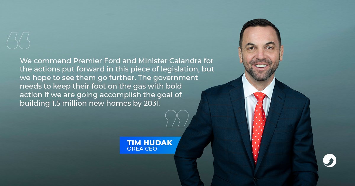 On behalf of Ontario REALTORS®, OREA commends the Provincial Government for taking action aimed at streamlining approvals & getting more homes built. This is a step in the right direction, but more needs to be done. Read CEO @timhudak's full statement here bit.ly/3VVcbls