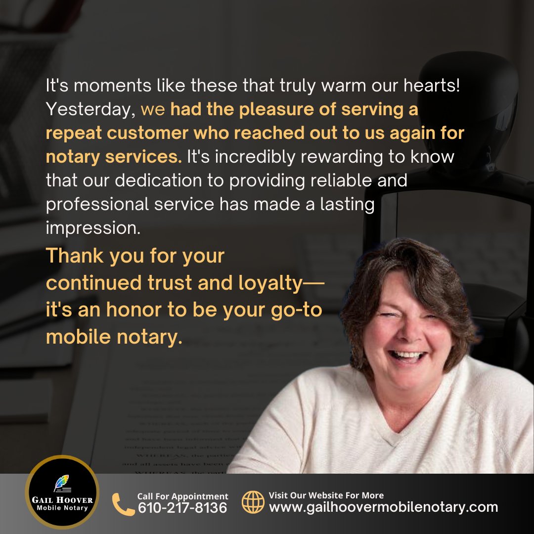 It's moments like these that truly warm our hearts! Yesterday, we had the pleasure of serving a repeat customer who reached out to us again for notary services. Thank you for your continued trust and loyalty!

#LehighValleyMobileNotary #LehighValley #PA