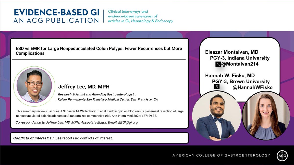 1/ ⏰ for #EBGITweetorial🧵w/  @montalvan214 &amp; <a href="/HannahWFiske/">Hannah W Fiske Goodrich, MD</a>!
“ESD vs EMR for Large Nonpedunculated Colon Polyps: Fewer Recurrences but More Complications”

📜Summary shorturl.at/bcW27
🎧 shorturl.at/jADGV
📰  shorturl.at/asCMX

#GITwitter 
<a href="/AmCollegeGastro/">ACG</a>