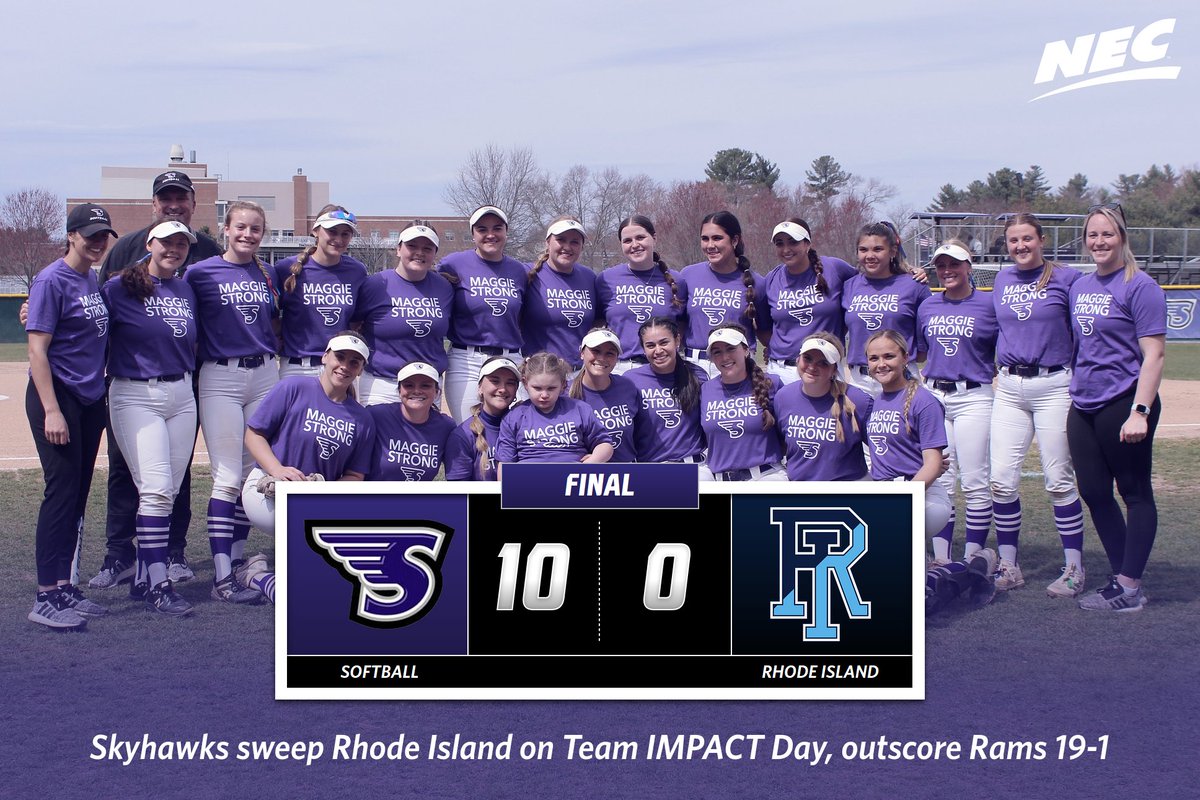 GoStonehill's tweet photo. 🥎 Break out the brooms! 🧹

@Stonehillsball sweeps Rhode Island as the team celebrated its @GoTeamIMPACT teammate, Maggie Mendonca, this afternoon👏

#GoHill | #NECSoftball https://t.co/Oipd6xz6dY