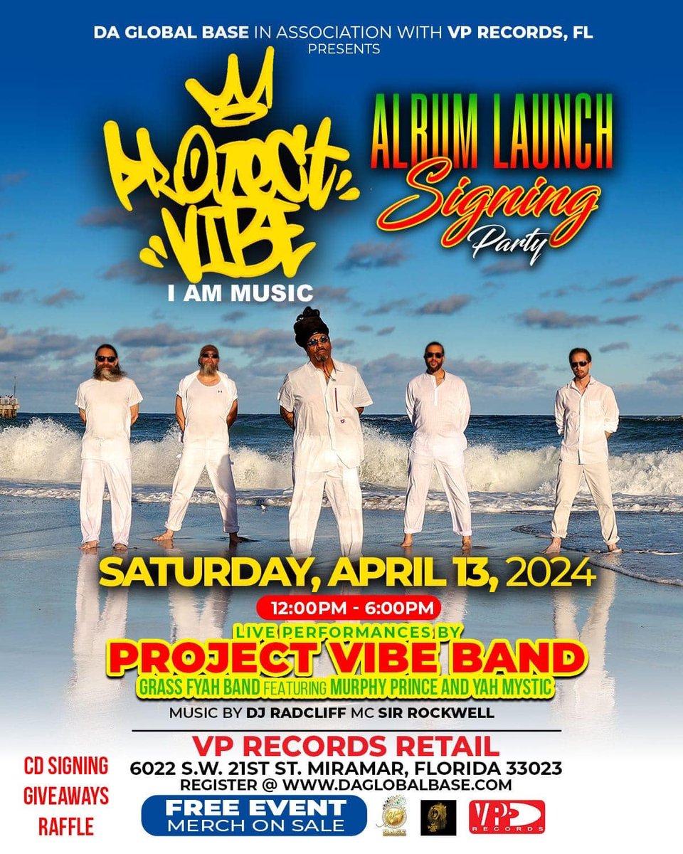 This Saturday come out and meet the crew from Project Vibe Band as they will album signing they brand new CD from 12-6pm & our retail store 6022 SW 21 STREET, MIRAMAR, FL 33023 Don't miss out on this great band and live performance.