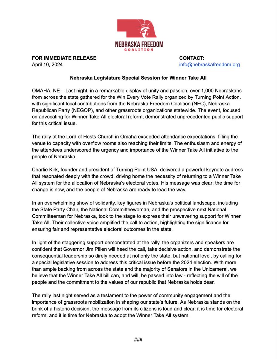 FOR IMMEDIATE RELEASE -- “[We] are confident that Governor Jim Pillen will heed the call, take decisive action, and demonstrate the consequential leadership so direly needed at not only the state, but national level, by calling for a special legislative session to address this…