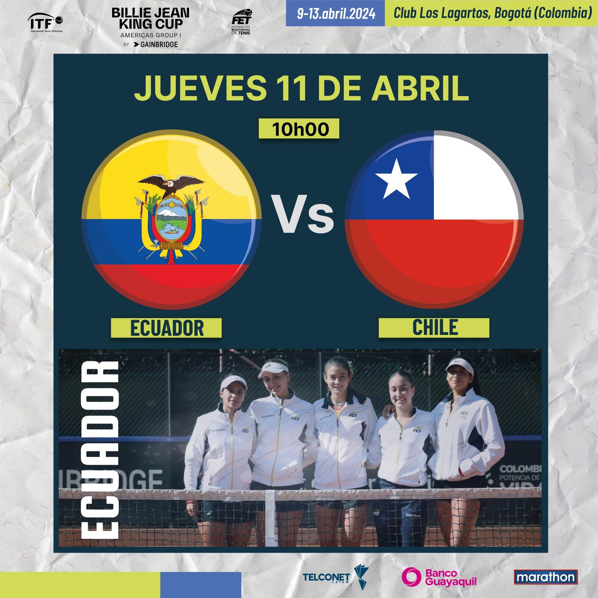 Mañana Ecuador enfrentará a Chile en la Billie Jean King Cup, que se juega del 9 al 13 de abril en el Club Los Lagartos, Bogotá (Colombia). @BJKCup Gracias al auspicio de @TelconetLatam @BancoGuayaquil @marathonsports_