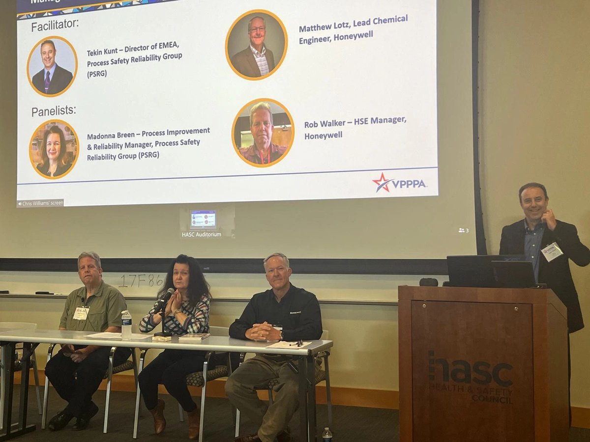 PSRGroup's tweet photo. Don't miss Process Safety &amp; Reliability Group (PSRG)'s sponsored event at the VPPPA Summit PSM today! Tekin Kunt and Madonna Breen are on the panel discussing PSM Performance Measurement.

#PSRG #VPPPA #PSM #PerformanceMeasurement #AI #Safety https://t.co/NS22lvkdLH