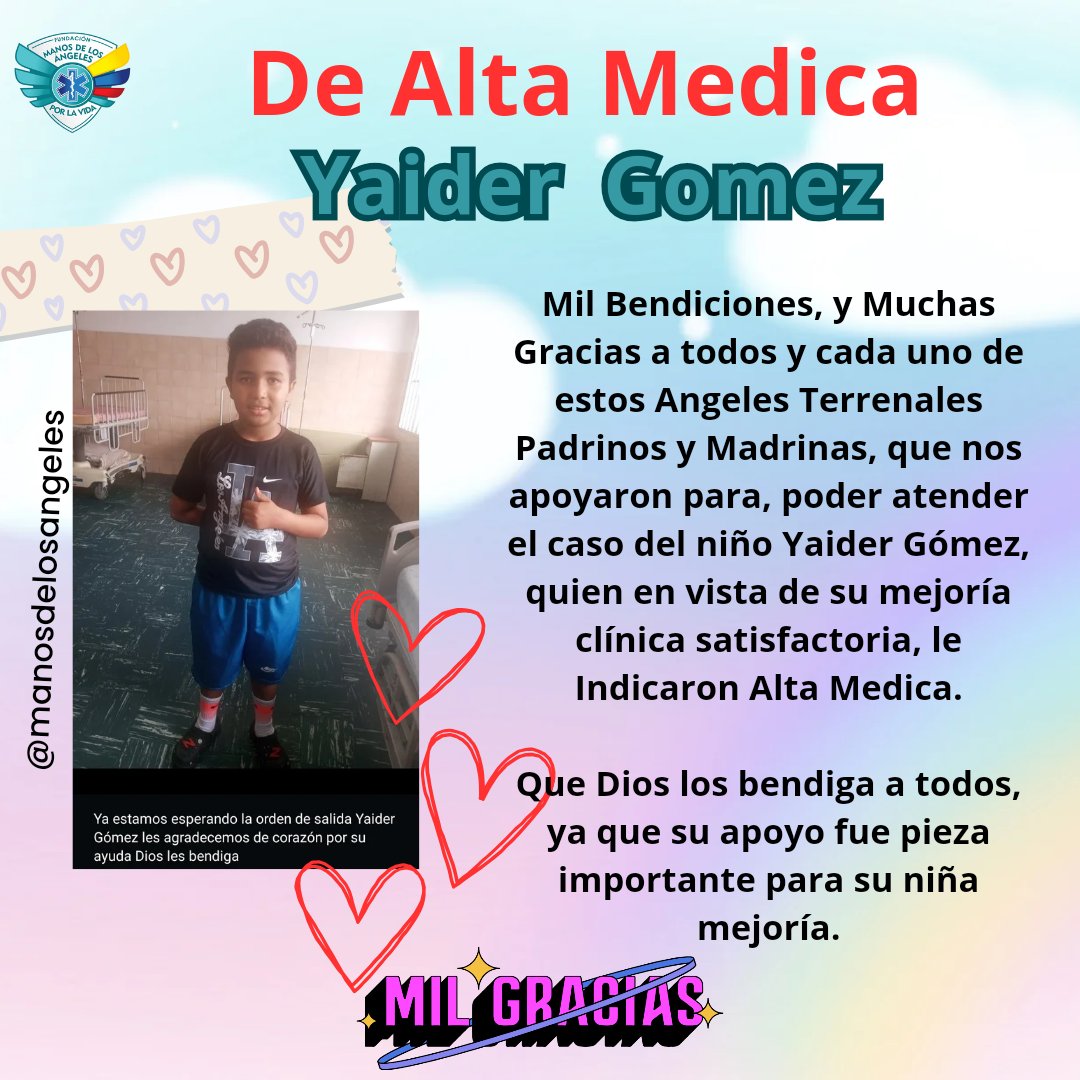 Gracias primeramente a Dios y todos estos Angeles Terrenales que nos apoyaron con el caso del niño Yaider Gómez, ya fue dado de alta medicina. Mil bendiciones para todos, que Dios me los bendiga a todos.