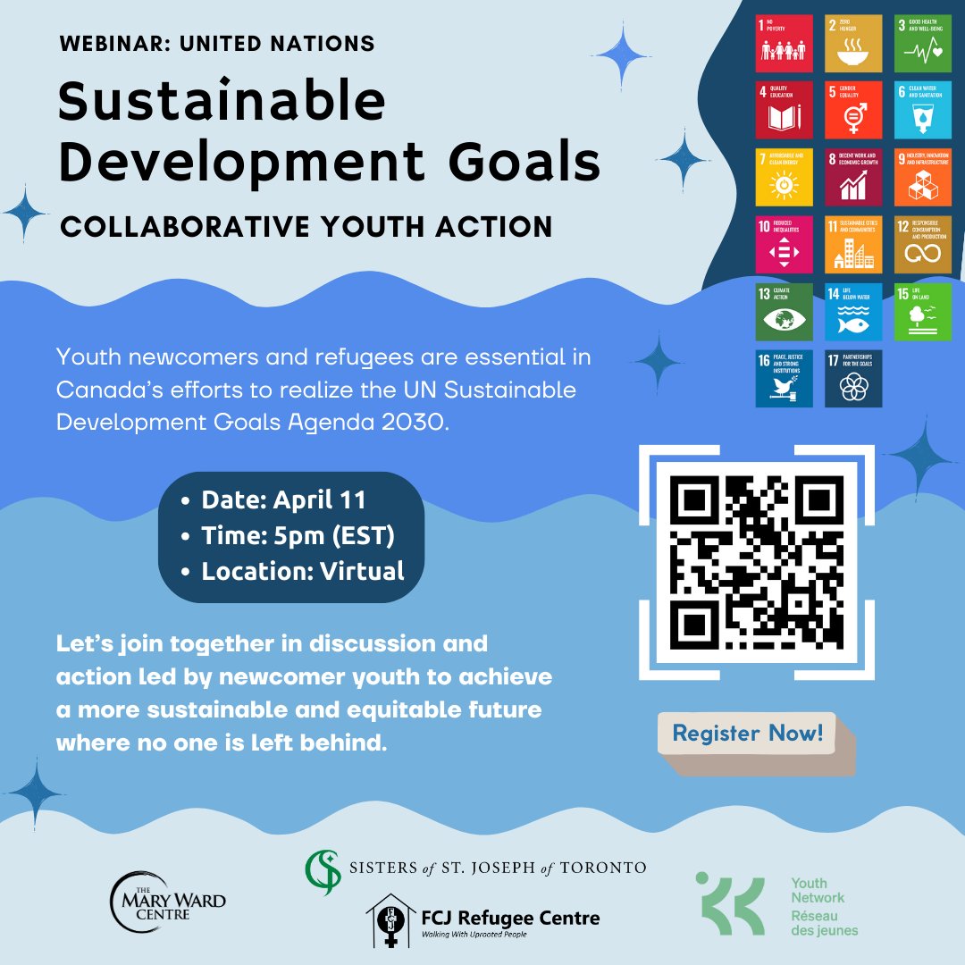 We’re inviting youth newcomers and refugees to our first webinar on United Nations Sustainable Development Goals: Collaborative Youth Action. Tomorrow, April 11th, at 5pm EST. Limited spots are available. LEARN MORE AND REGISTER 👇 fcjrefugeecentre.org/events/webinar…