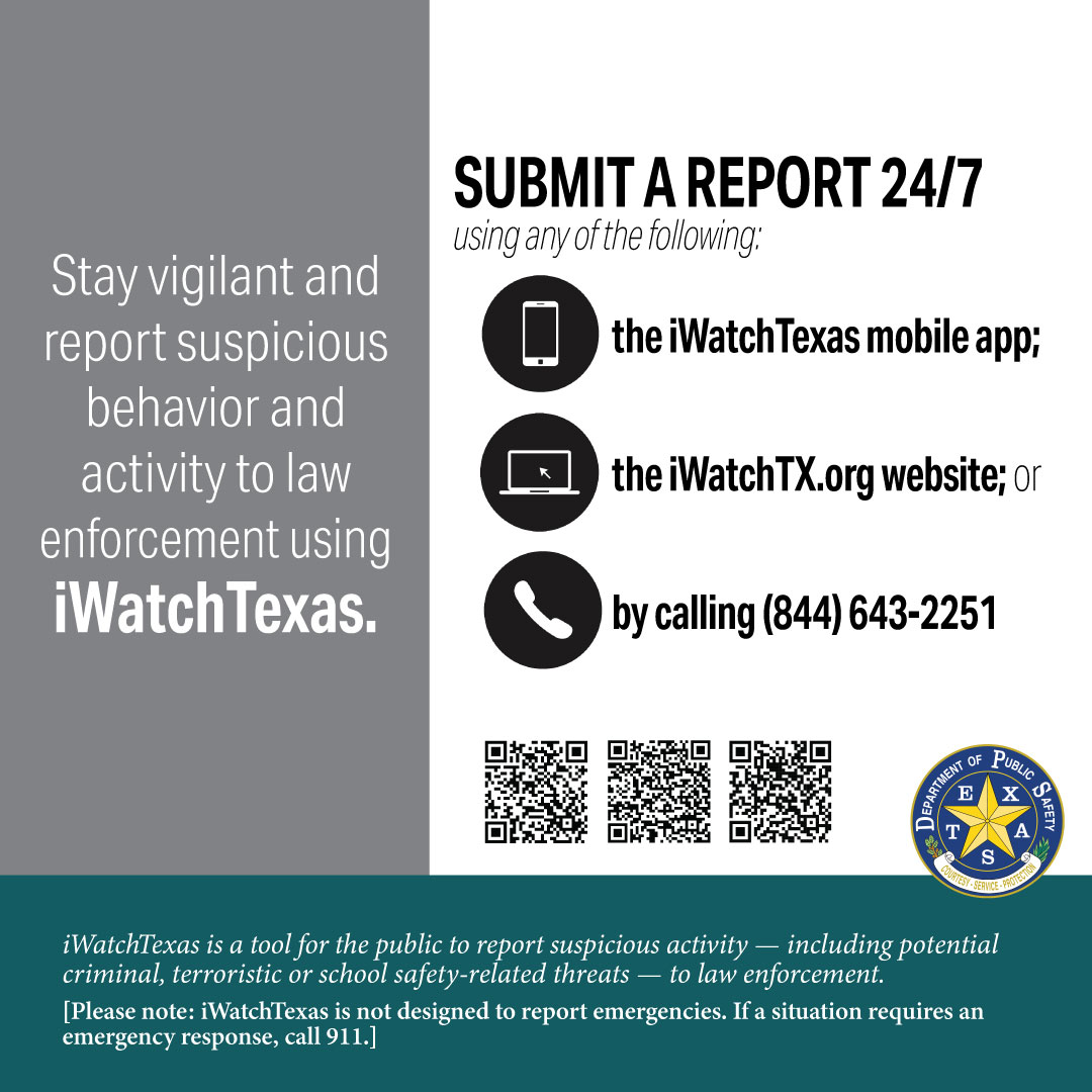 DYK? Texans can report suspicious activity — incl. potential criminal, terroristic or school-safety related threats — using iWatchTexas. Submit a report to iWatchTexas 24/7 using: 📱 the iWatchTexas mobile app; 💻 iwatchtx.org; or ☎️ by phone at 844-643-2251.