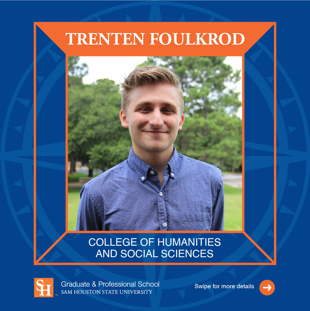tgps_shsu's tweet image. 🌟 Grad Student Spotlight! 🎓 Meet Meet Trenten Foulkrod, a fourth-year student in the clinical psychology doctoral program @shsu_chss. Swipe to learn more about him.
#SHSUGradSchool #GradStudentSpotlight