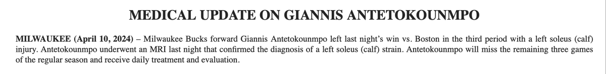 Per Bucks, Giannis Antetokounmpo will sit out the final three games of the regular season with a left soleus strain: