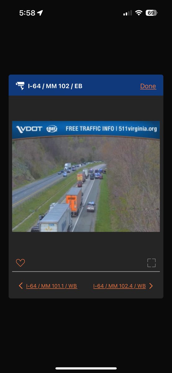 Major incident unfolding on EB I-64 Just beyond exit 99 on Afton Mountain. Heavy police presence. We are told guns are drawn and a standoff is underway with a car stopped there. VDOT cam photo around 6pm