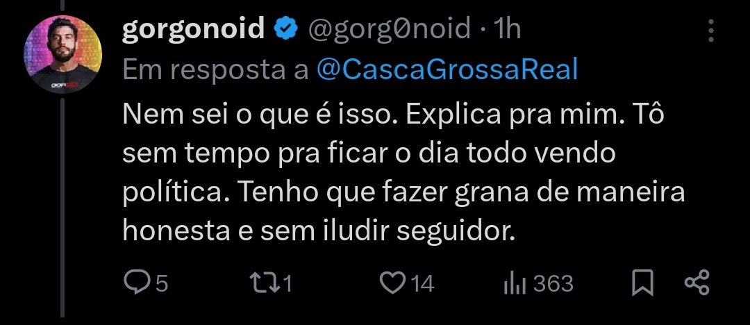 Pessoal, tô passando só pra avisar que meu amigo Gorgonoid agora não tem mais tempo pra ficar no X. Até ontem ele postava a cada 5 minutos, mas depois que os ídolos dele defenderam Xandão, apoiaram irmão do Gilmar Mendes e tentaram soltar bandido, ele ficou sem tempo!