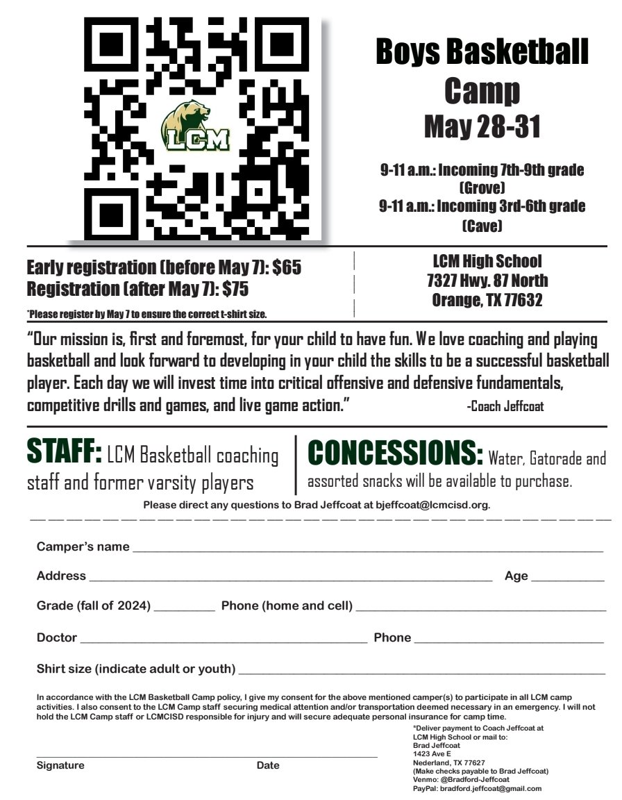 Basketball camp is back!  Get registered early so we can guarantee your shirt size!  Please spread the word!

<a href="/LCMBearFacts/">LCM Bear Facts</a> <a href="/OrangeLeader_Tx/">Orange Leader</a> <a href="/gpstelly/">Gary Stelly</a> <a href="/LCJH_cubs/">LCJH</a>