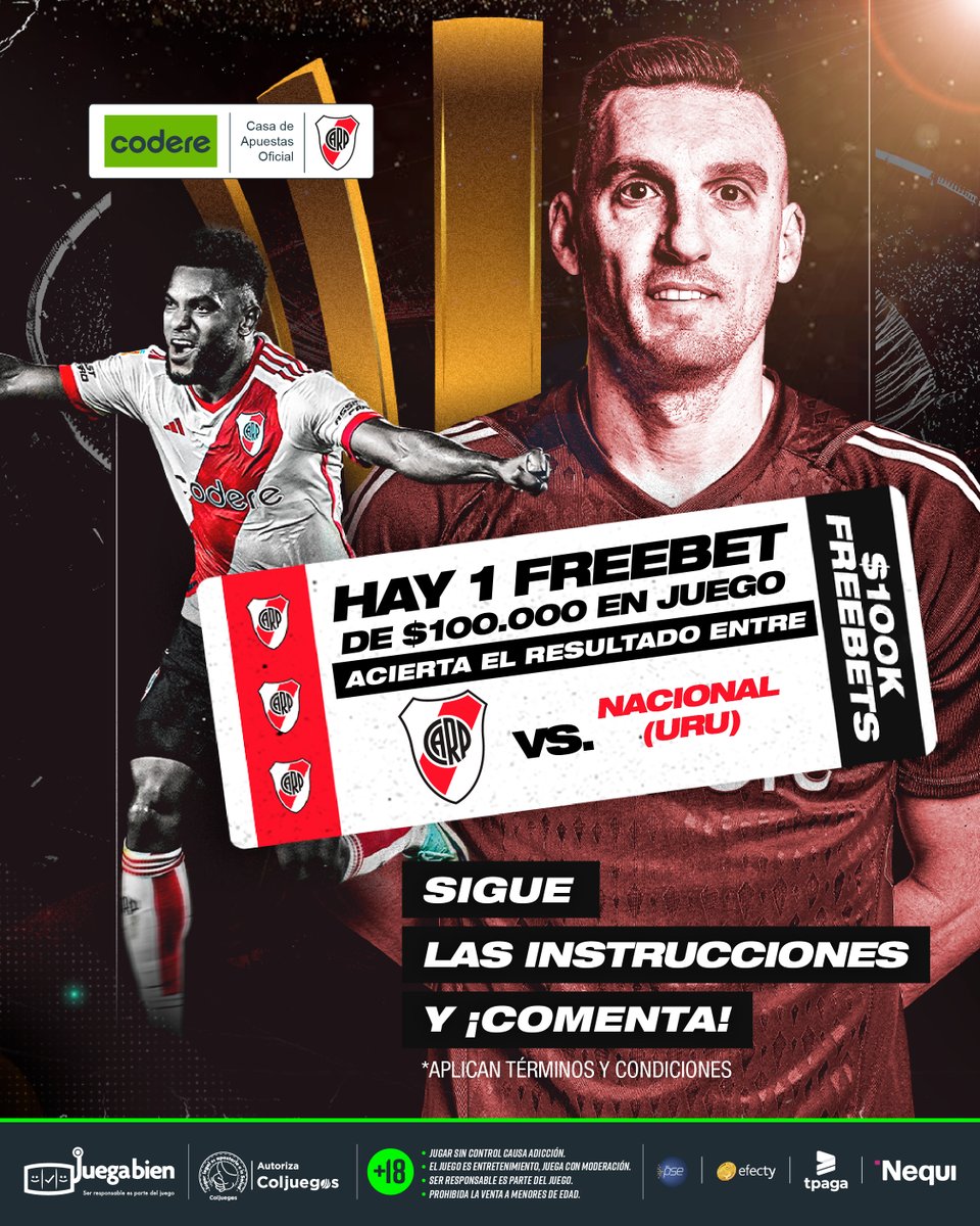 CodereCO's tweet photo. ¡Sorteo con River y la Libertadores! 🏆

Participa y gana $100.000 en Freebets

¿Cómo participar?

1️⃣ Sigue a Codere Colombia en X.

2️⃣ Dale like y RT a esta publicación.

3️⃣ Etiqueta a 3 amigos en tu comentario (y que estos sigan a Codere Colombia en X).

4️⃣Tener cuenta Activa en Codere (sí, no crear una).

✅ Dinámica válida para Instagram, X y Facebook de Codere Colombia

El ganador se anunciará el viernes 12 de abril 2024 ¡Mucha suerte!

¡TÉRMINOS Y CONDICIONES!

️➡️ El ganador de la anterior dinámica con la Copa del Rey, NO PODRÁ PARTICIPAR EN ESTA.
➡️ Las cuentas participantes y etiquetados deben ser PERSONALES Y PÚBLICAS.

️➡️ Las INSTRUCCIONES de esta dinámica serán válidas del 10 de abril hasta las 6:50 p.m. del 11 de abril de 2024.

➡️ Solo se admitirá UN COMENTARIO por participante para esta red. Quien haga más comentarios será descalificado.

➡️ NO SE PUEDEN EDITAR los comentarios una vez colocados durante, ni después de la dinámica (motivo de descalificación).

➡️ Los usuarios etiquetados DEBEN seguir a Codere Colombia DURANTE el desarrollo de la dinámica, no después.

➡️ Se realizará un SORTEO para elegir al ganador y podrá salir de cualquiera de las redes sociales anunciadas.

#Dinámica #RiverPlate #Futbol #Concurso #Premio #Regalo #Libertadores