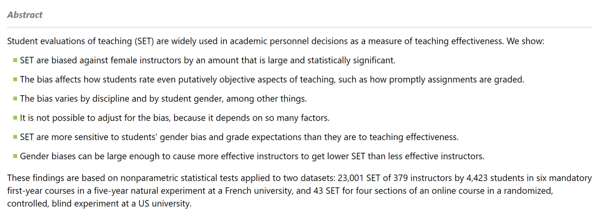 *Numerous* studies have shown that SETs are disproportionately harsh on female instructors and BIPOC academics. Heck, this study shows that evaluations don't even successfully measure teaching effectiveness, the main thing they're supposed to do!