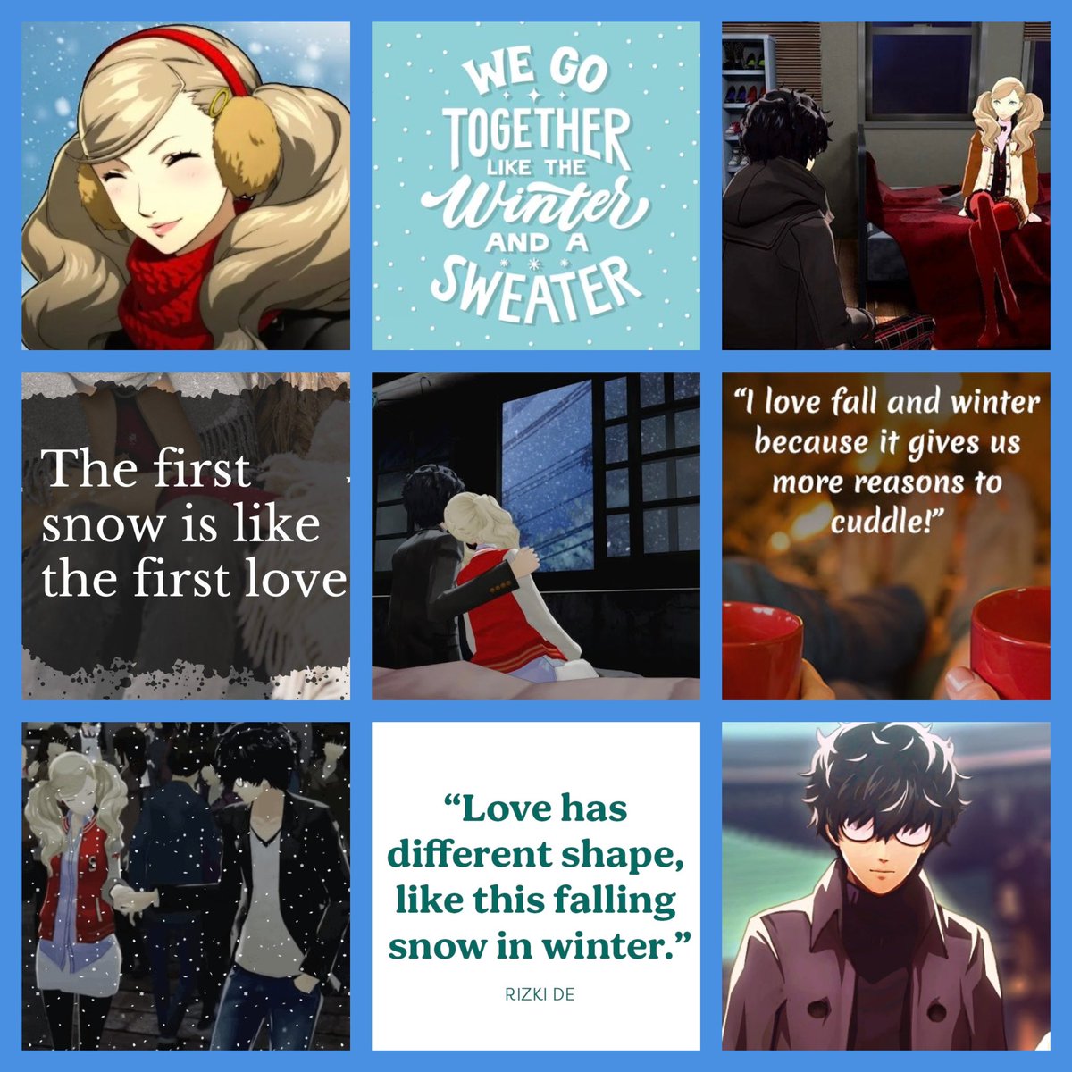 #shuannweek2024 day 3: winter/summer. I know I just posted my summer commission but I wanted to do a winter mood board for these two also ❤️ ❄️
@ShuannWeek #shuann #renann #renamamiya #anntakamaki #persona5royal