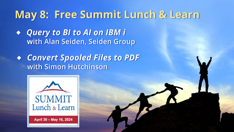 @alanseiden  shows how you can move from Query to BI to AI on #IBMi -AND- @RPGPGM demos how to convert spooled files to PDF in this Summit Lunch & Learn. ow.ly/Uogm50RcKeL