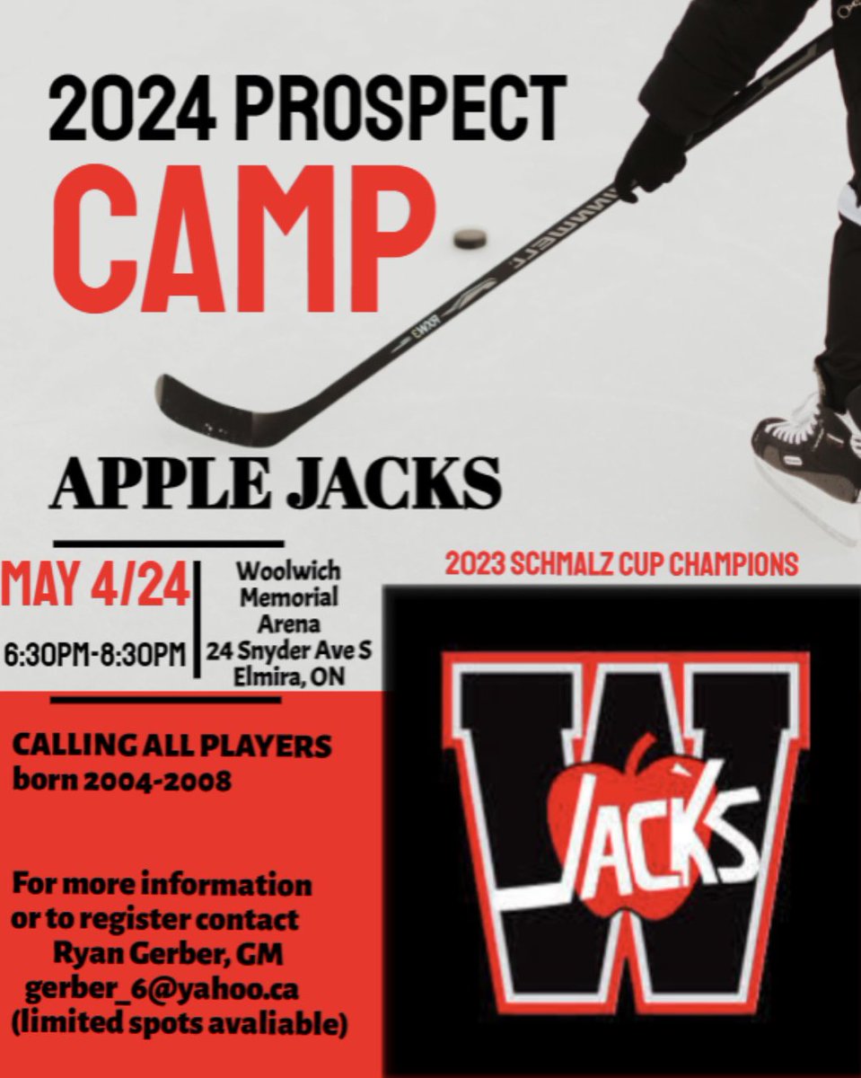 Wellesley Applejacks (@ohaapplejacks) on Twitter photo Are you interested in joining the AppleJacks this upcoming 2024/25 season?
Come out and show your skills during our 2024 Prospect Camp on May 4th at the Woolwich Arena. Email Ryan Gerber at gerber_6@yahoo.ca to register. Limited spots available. Are you interested in joining the AppleJacks this upcoming 2024/25 season?
Come out and show your skills during our 2024 Prospect Camp on May 4th at the Woolwich Arena. Email Ryan Gerber at gerber_6@yahoo.ca to register. Limited spots available.