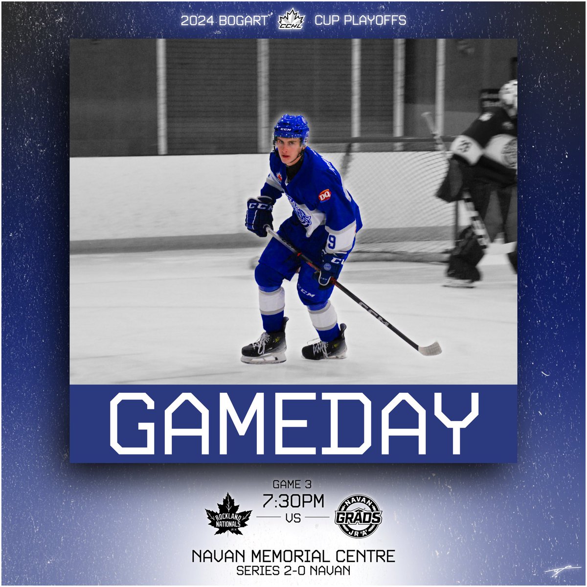 🔵⚪️GAMEDAY⚪️🔵 It’s time for Game 3 tonight! Tickets at the door as we host the Nationals and look for a 3-0 series lead! #gameday #wednesday #2024bogartcup #playoffs #rollgrads #wearenavan #navan #rockland #ottawa #cchl #thecchl #cchlradio #cchlplayoffs #cjhl