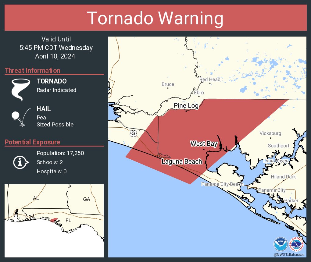 Tornado Warning including Laguna Beach FL, Pine Log FL and  West Bay FL until 5:45 PM CDT (4.10.24)