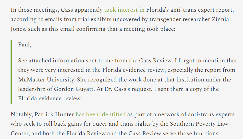 7. If it seems similar, that's more than just coincidence. In a little reported series of meetings, Dr. Hillary Cass met with DeSantis' handpicked Board of Medicine member Patrick Hunter, a member of the Catholic Medical Organization who was tapped to ban trans care.