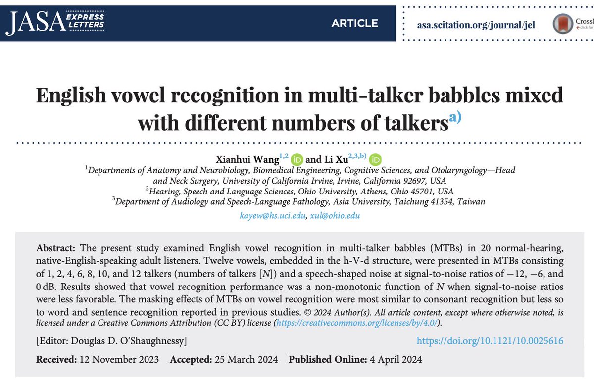 The present study examined English vowel recognition in multi-talker babbles in 20 normal-hearing, native-English-speaking adult listeners. doi.org/10.1121/10.002… #acoustics @CenterUci @OHIO_HSLS