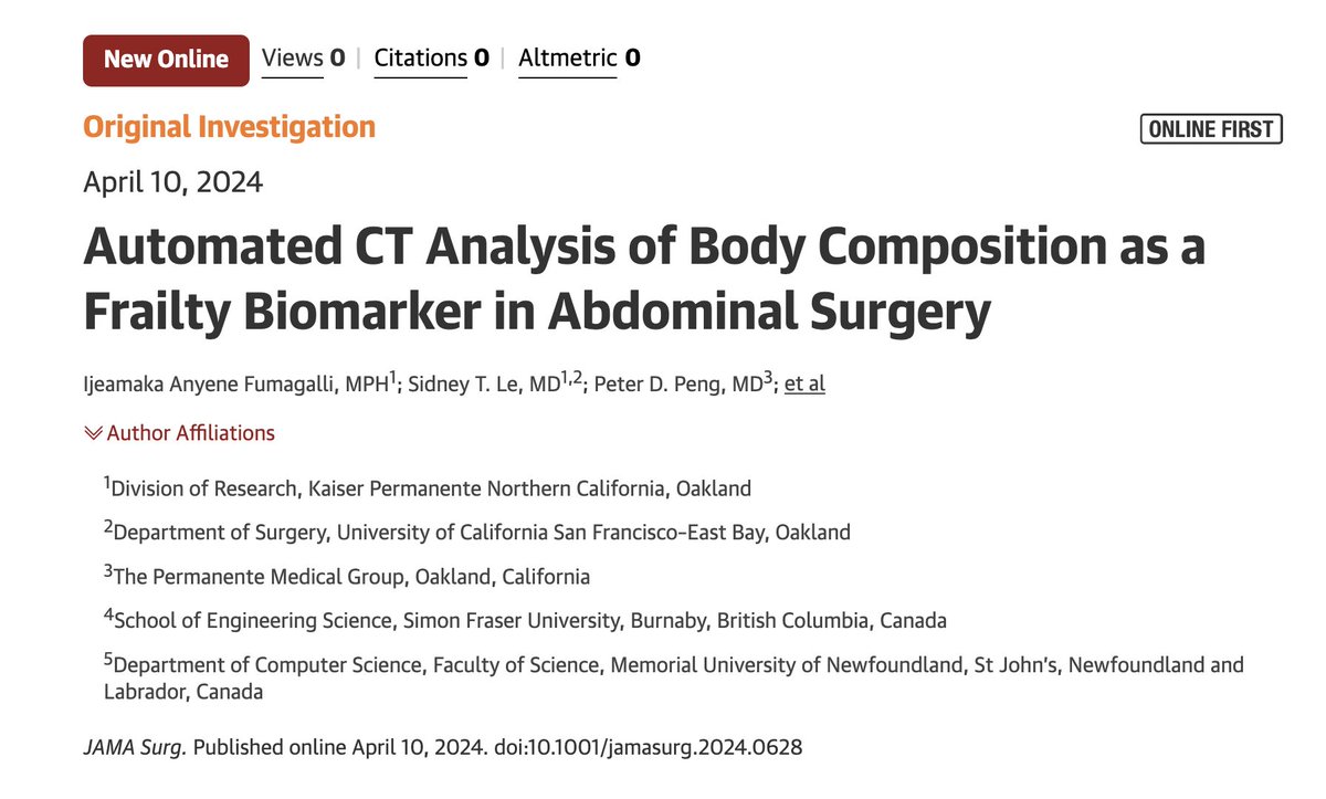 New! #AI analysis of #bodycomposition can help identify patients with #frailty at risk of complications after surgery. Research led by @KPDOR @kpnorcal @PermanenteDocs out today in @JAMASurgery. #sarcopenia 

Story: ibit.ly/9lIua