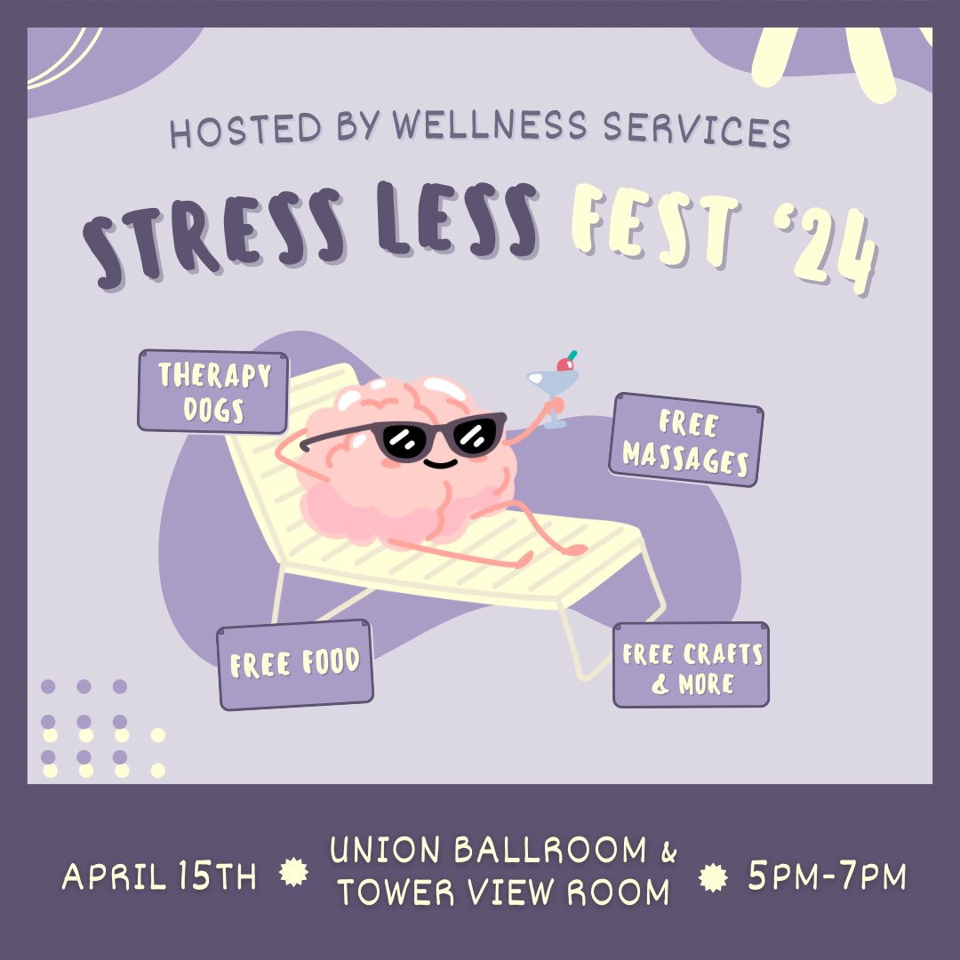 Stress Less Fest is only FIVE days away! We can’t wait for all of you to wind down with us before finals!!😎 See you Monday, Bearcats!