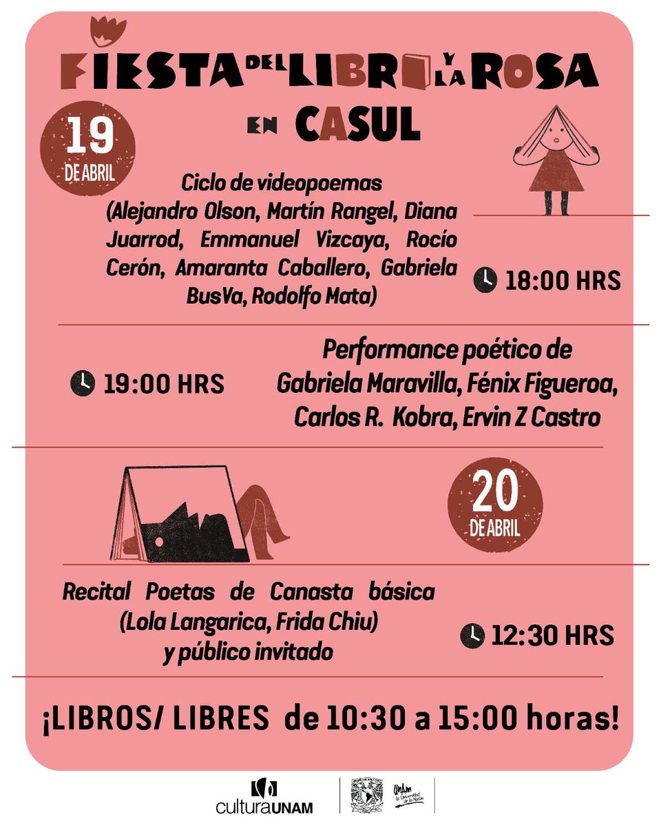 📚🌹 ¿No pudiste venir ayer a CASUL para la #FiestaLibroyRosa? ¡Aún estás a tiempo de acompañarnos! Hoy también tenemos una actividad planeada, el Recital Poetas de Canasta básica. No te lo pierdas. ✨ @CulturaUNAM 📍 Orizaba 24, Roma Norte