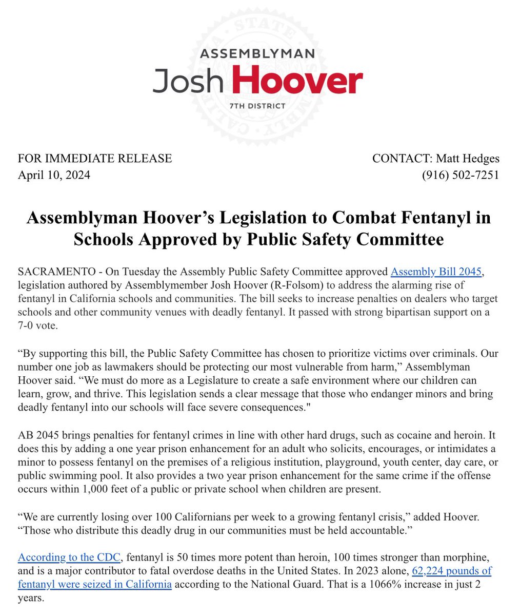 The Assembly Public Safety Committee has approved my bill to increase penalties on dealers who target our schools and communities with deadly fentanyl. I am grateful for the strong bipartisan support of #AB2045, this is a huge win for the safety of our students.