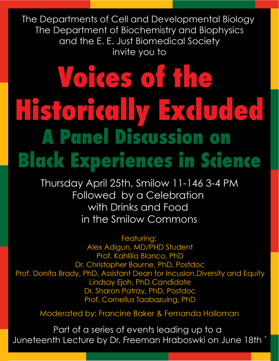 🚨Together, @PennMedicine @PennCDB, @BB_UPenn, & @UPennEEJust are hosting Voices of the Historically Excluded- A Panel Discussion on Black Experiences in Science April 25th Smilow 11-146. 🚨@pennbgs @PennBPP @duboiscircle