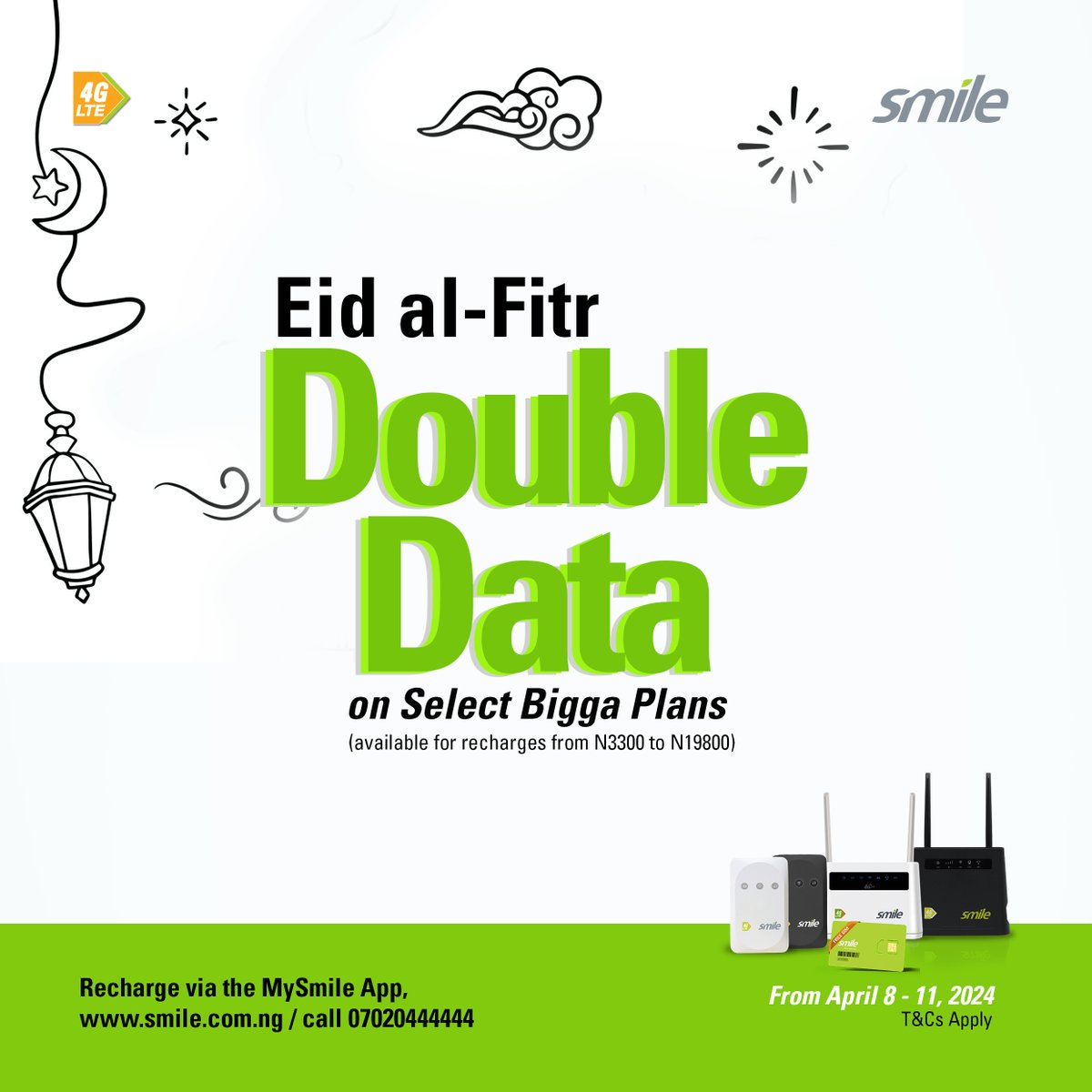 The last chance to enjoy 100% Double Data is today. Get DoubleData when you recharge a Bigga plan from N3,300 - N19,800. Offer ends today! Don't sleep on it click bit.ly/3g9okNI to recharge now. Smile #double #internet #data #smile #EidUlFitr