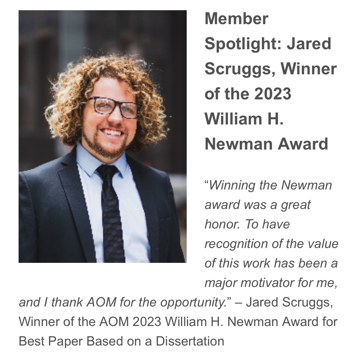 You know how you sometimes meet people and you don’t know them very well but you just want the best for them and see them shine?! @JaredPScruggs is one of those people. Congratulations on winning the Academy of Management Newman Award for Best Paper based on a Dissertation (!!!!)