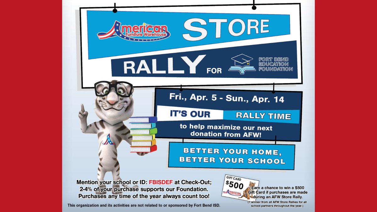 Don’t forget to support our AFW Store Rally through Sunday, April 14. With every purchase, @FBEF_FBISD receives 2-4% when you mention FBISDEF at checkout! You also earn a chance to win a $500 gift card! Shop in person or online at afw.com.
