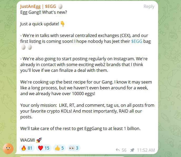 Bullish on $EGG After waking up today and checking the markets, clearly it’s time to top up on $EGG on @solana I’m currently using @bonkbot_io to trade!! Contract Address for #EGG : wo1zgt8rfrYpvdVi4nidoj1SYfcR4pQx69bmNv2JLhQ @telegram : t.me/JustAnEggSol Website :…