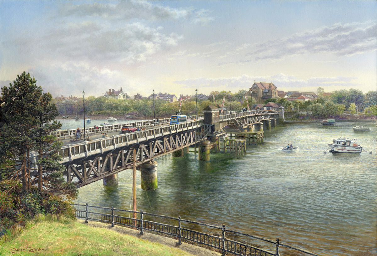 'Over The Channel To Walney' oil on canvas.  A wonderful new painting by Lake Artist Graham Twyford. Graham said' The time seemed right to paint 'Jubilee Bridge'. Being a Walney boy this lovely structure is as familiar as the back of my hand'.#oilpainting #fineart #walney