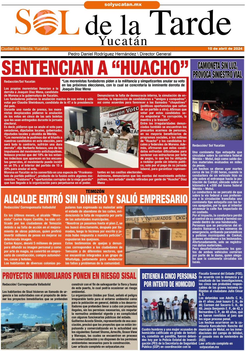 #Noticias #Contraportada | En el Sol de la Tarde, este 10 de abril
📌 SENTENCIAN A 'HUACHO'

Leer más: solyucatan.mx/?r3d=sol-de-la…

#GrupoSol #Corporativogruposol #Yucatán #Mérida