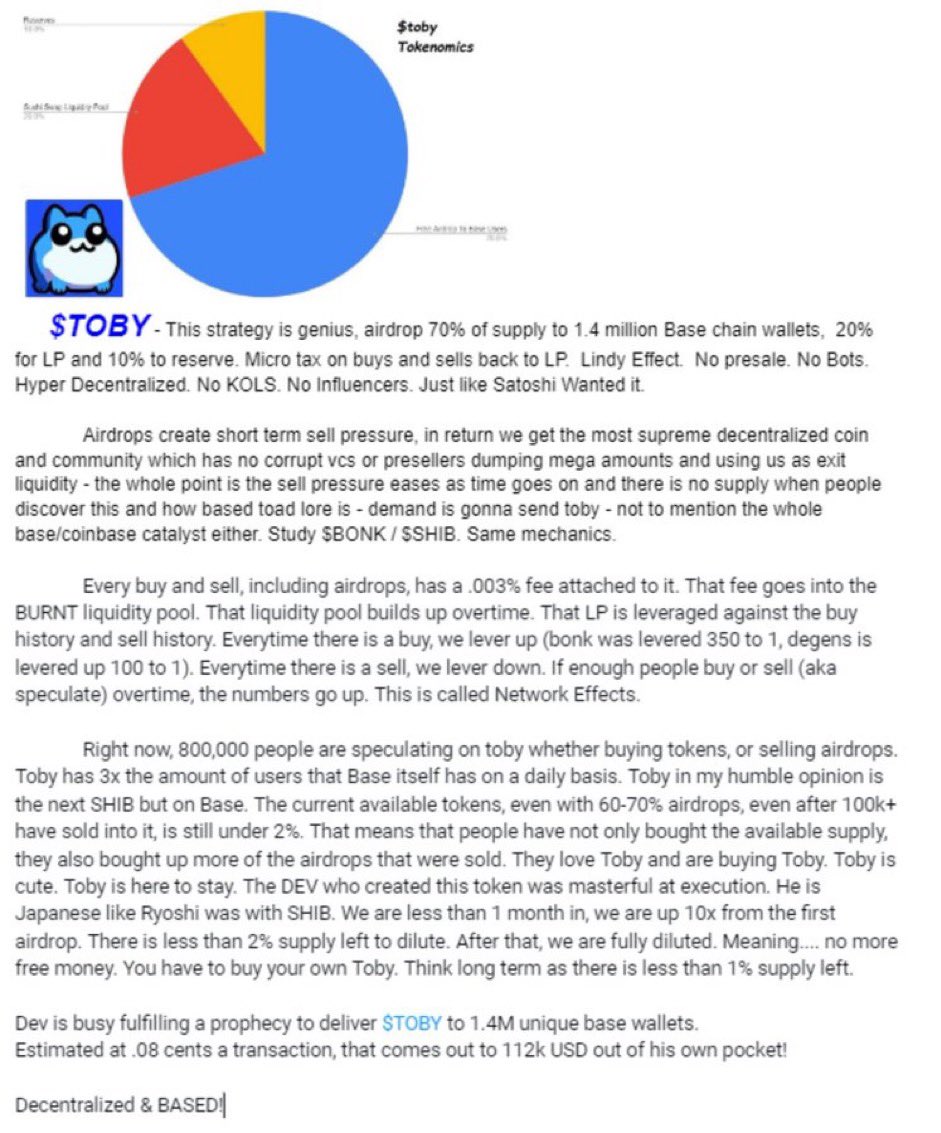 <a href="/1CrypticPoet/">poet.base.eth</a> <a href="/base/">Base</a> <a href="/tybasegod/">Base God</a> <a href="/coinye_westcoin/">CoinYe West</a> <a href="/doginme/"></a> @Toshi_base <a href="/L2veofficial/">L2VE on Base - The all loving Inu</a> $toby needs to be on your radar

All natty fair launch on <a href="/base/">Base</a> 

900K+ holders and counting

The frog of base

Pumping 60% today