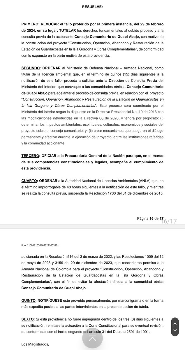 ATENCIÓN: NOTICIA DE ÚLTIMA HORA. Se suspende Licencia Ambiental guardacostas en #PNNGorgona hasta que no se haga consulta previa al Consejo comunitario Guapi Abajo. ¡Un logro de las comunidades locales del litoral Pacífico Caucano y Nariñense! @petrogustavo @FranciaMarquezM