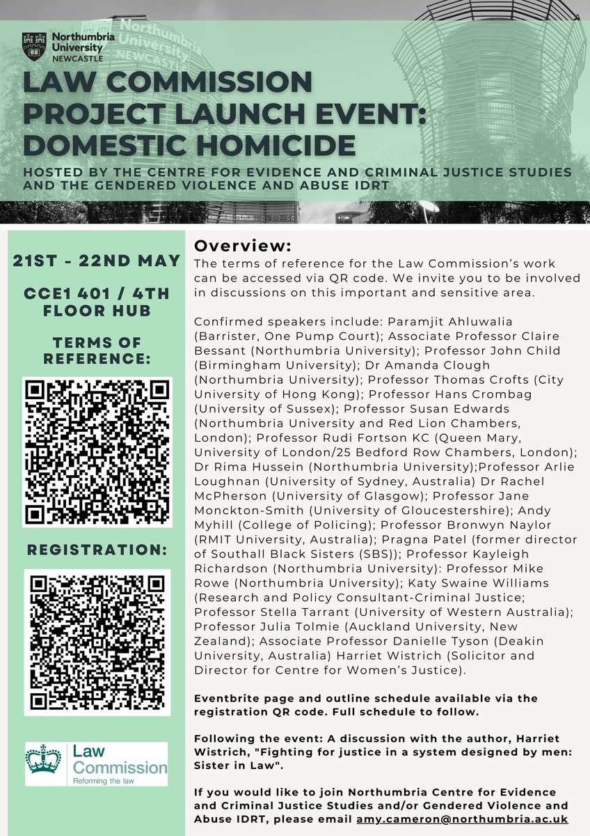 The Centre for Evidence and Criminal Justice Studies and the Gendered Violence and Abuse IDRT are hosting the Law Commission Project Launch Event: Domestic Homicide on 21-22 May. All info, including confirmed speakers and registration instructions, are in the flyer: