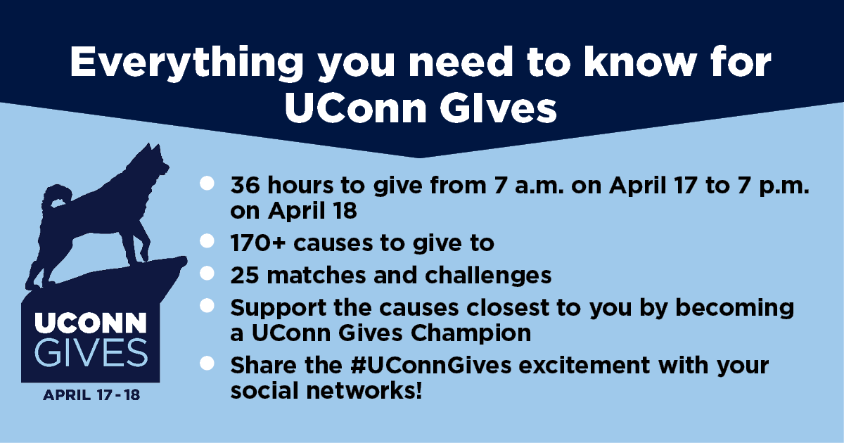 We're one week out from #UConnGives! Here's everything you need to know about the biggest online event of the year! ⬇️ Learn more about #UConnGives and #UConnHealthGives at bit.ly/49x0Jzz!
