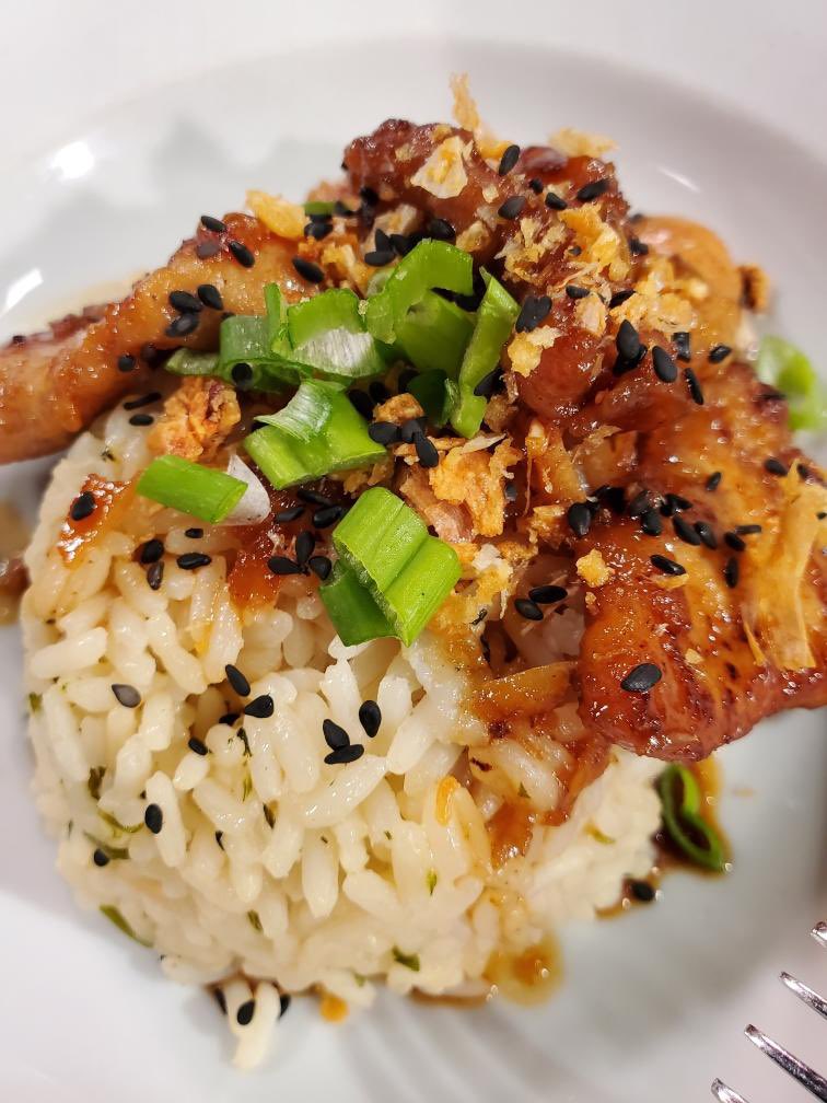 Honey Garlic Pork over some very flavorful rice as seen in @wwltv #cookinwithchefkevin #cookingsegment #TV