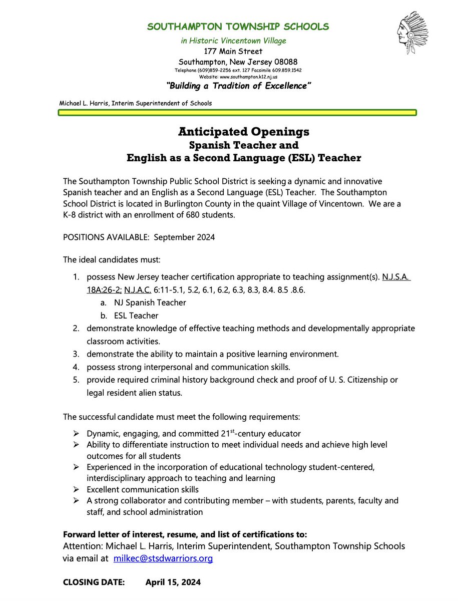 Southampton Township School District is still looking for a K-8 ESL teacher! Apply, apply, apply!
