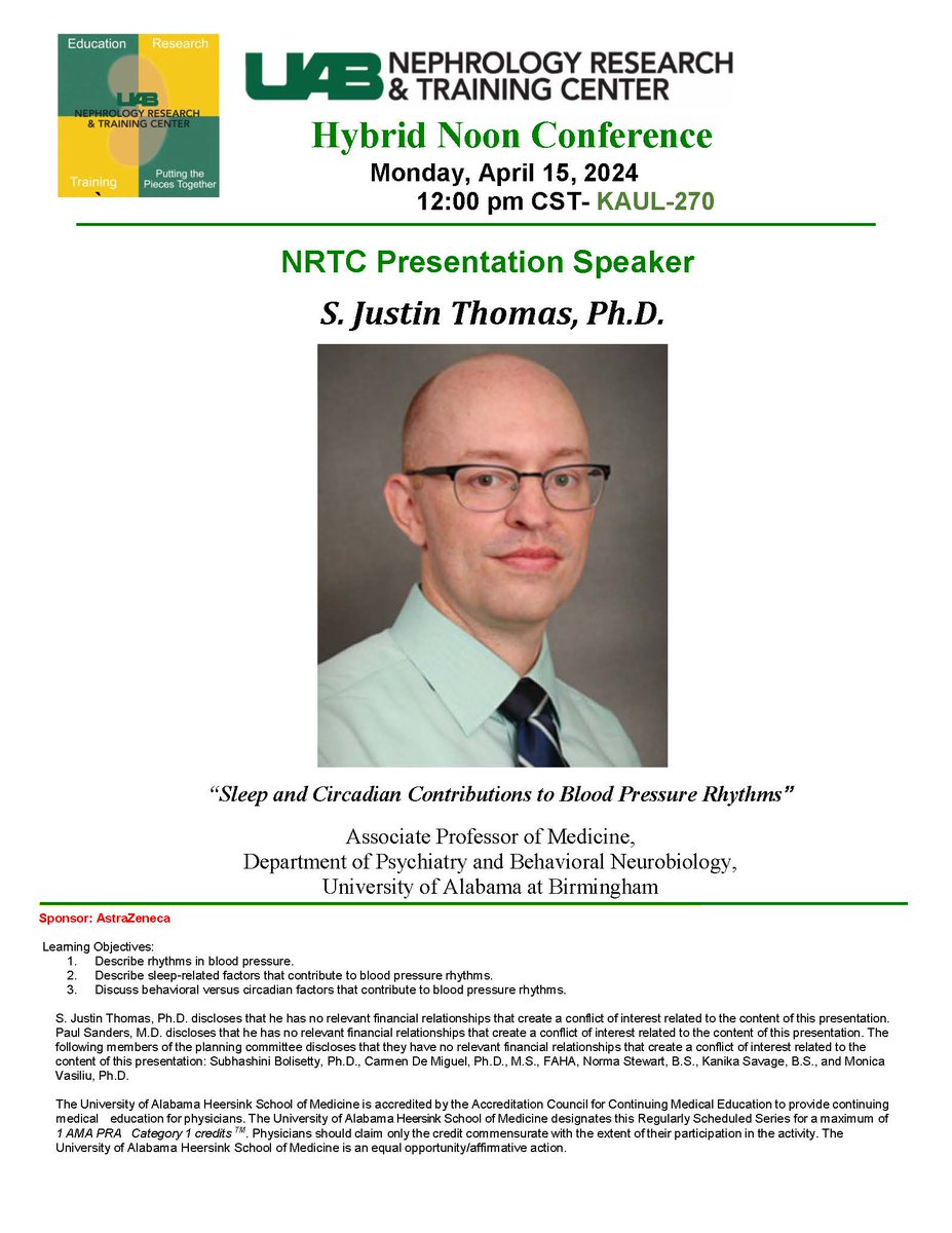 @UAB_NRTC Seminar - Monday 04/15/2024 at noon zoom and in person KAUL 270 - Dr. S. Justin Thomas will present on: “Sleep and Circadian Contributions to Blood Pressure Rhythms” @BolisettySu @Carmendemigue12 @DrPaulKidney