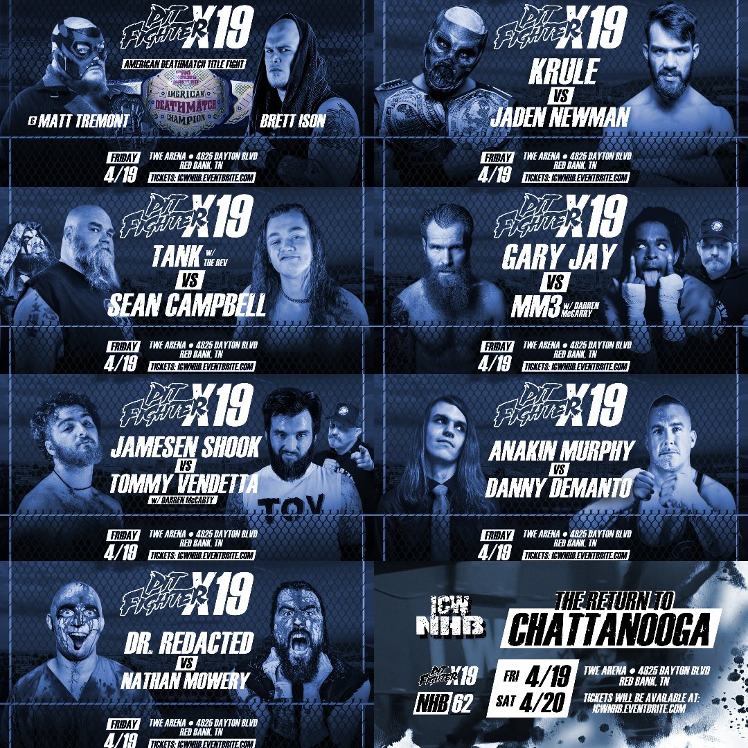 #PFX19 CHATTANOOGA UPDATE ‼️ IN THE PIT WE JUST FIGHT! #PFX19 LIVE! Friday & Saturday April 19-20 - TWE Arena - Chattanooga TN - 8PM 🛎️ BYOB 🍻 BUY TICKETS NOW - ICWBackToChatt.eventbrite.com Watch LIVE only on IWTV!