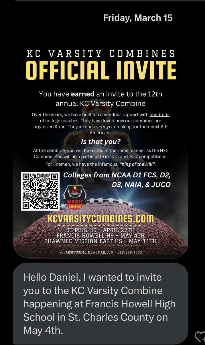 Thank you @JPRockMO for the invite to Kc varsity combine invite looking forward to showing my talents and ready to get at it! @Naymo23 @PrepRedzoneIL @ExpoRecruits @HuntleyFB @CoachHo @DeepDishFB