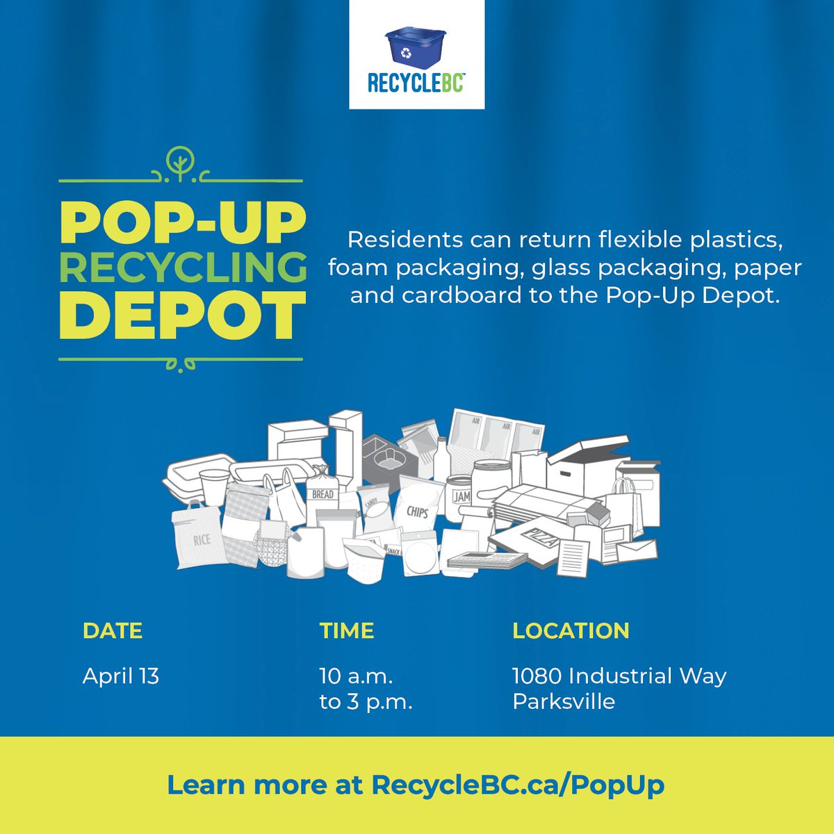 RecycleBC's tweet photo. Residents of #Parksville BC: The Recycle BC Pop-Up Depot is this Saturday, April 13, from 10am-3pm at 1080 Industrial Way. See accepted materials and the 2024 schedule at https://t.co/HCVekYF9Yd. Provided in partnership with the Parksville Community Centre Society #RecycleBC https://t.co/NoQSwTbgP6