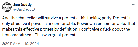 I've honestly never seen someone so clearly express the central fallacy of modern leftist activism: 'Effective protest makes powerful people uncomfortable, so if you're making powerful people uncomfortable, it must be effective protest.'