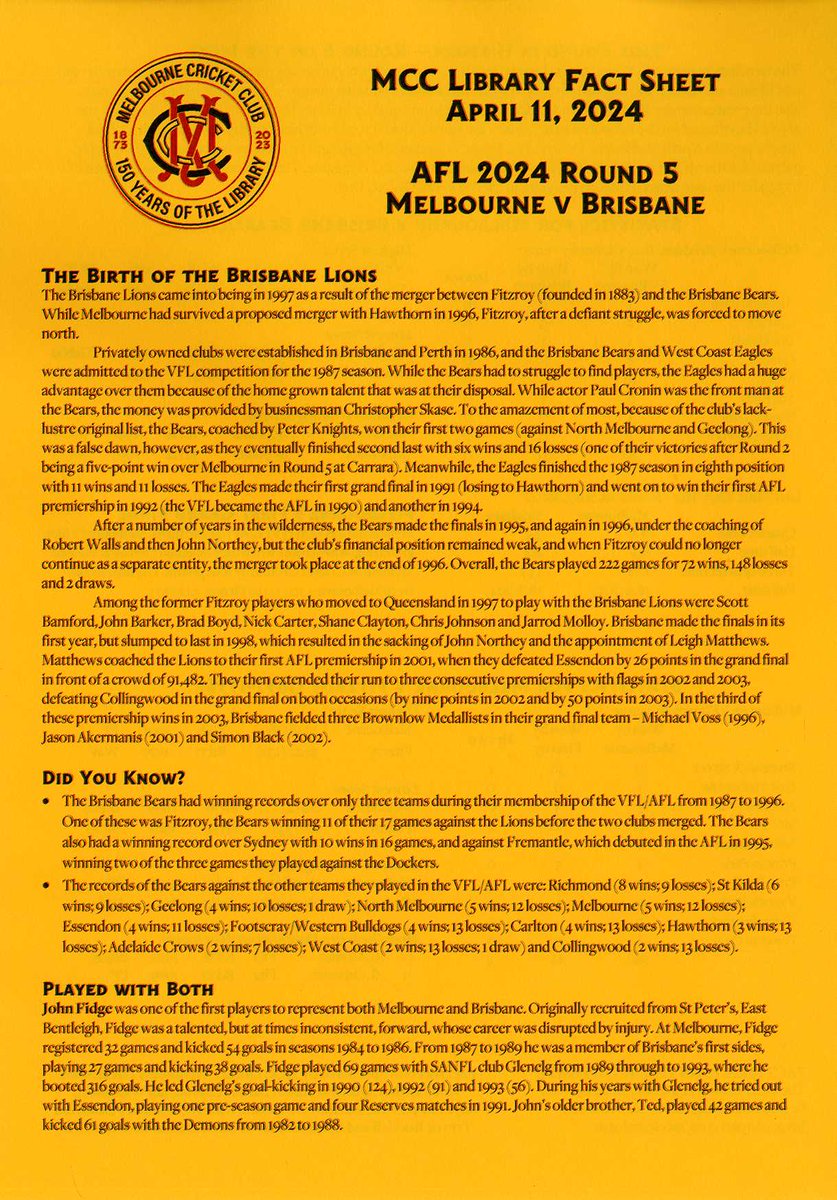 We're now open & @MelbCCLibrary fact sheet is available for #AFLDemonsLions Rd5 clash @MCG @MCC_Members can collect from reference desk, 50 year members room, news stand & membership office. If following at home, download online from @MCG & MCC Apps or mcc.org.au/_/media/2024-0…